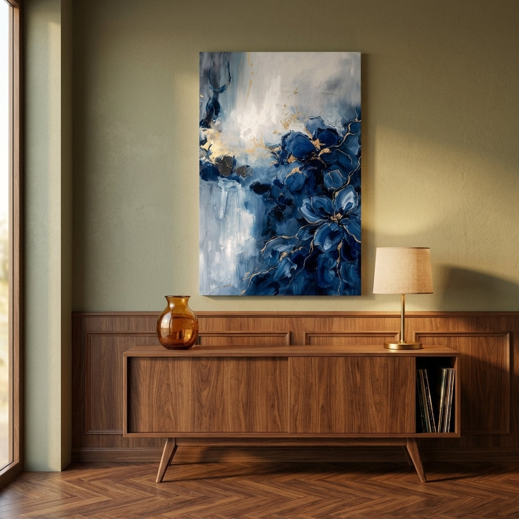Abstraktní obraz s organickými tvary v modré a zlaté barvě zavěšený v moderním obývacím pokoji nad dřevěnou konzolou s dekoracemi.