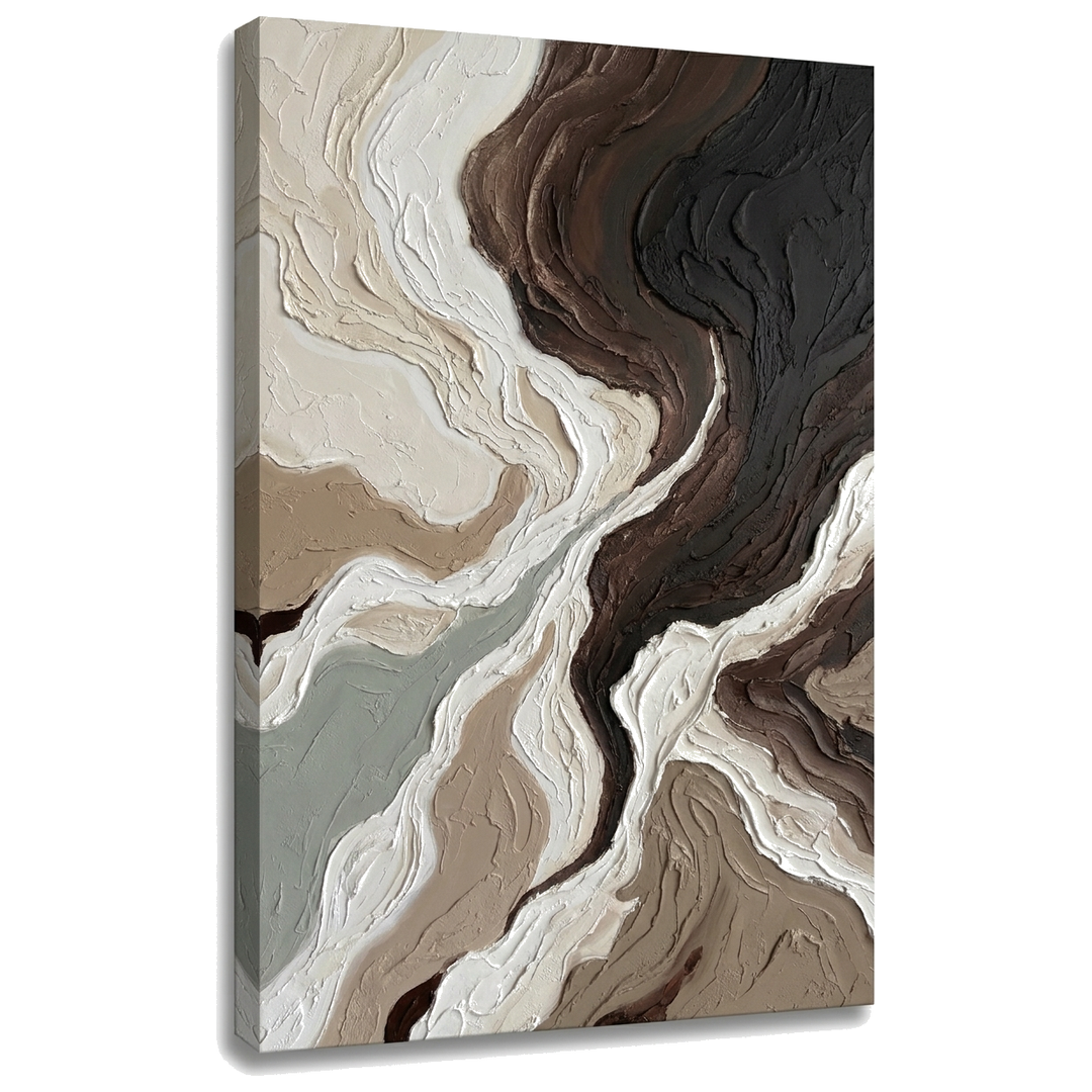 Abstraktní obraz krajiny s organickými vrstvami na plátně, detailní 3D vizualizace canvasu s viditelným dřevěným rámem, Papilora Premium Art.