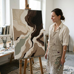 Umělkyně v ateliéru Papilora stojí vedle stojanu s hotovým abstraktním obrazem krajiny, osvětleno přirozeným denním světlem.