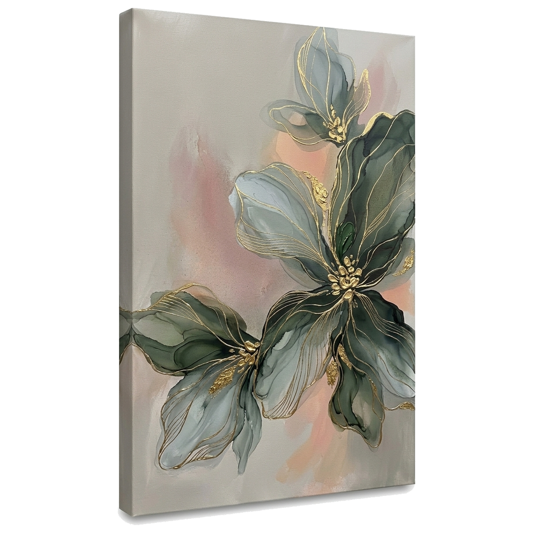 Obraz abstraktní květinová kompozice na plátně — 3D vizualizace canvasu s viditelným dřevěným rámem, Papilora Premium Art.