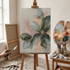 Umělkyně v ateliéru Papilora stojí u stojanu s hotovým obrazem abstraktní květinové kompozice v přirozeném denním světle.