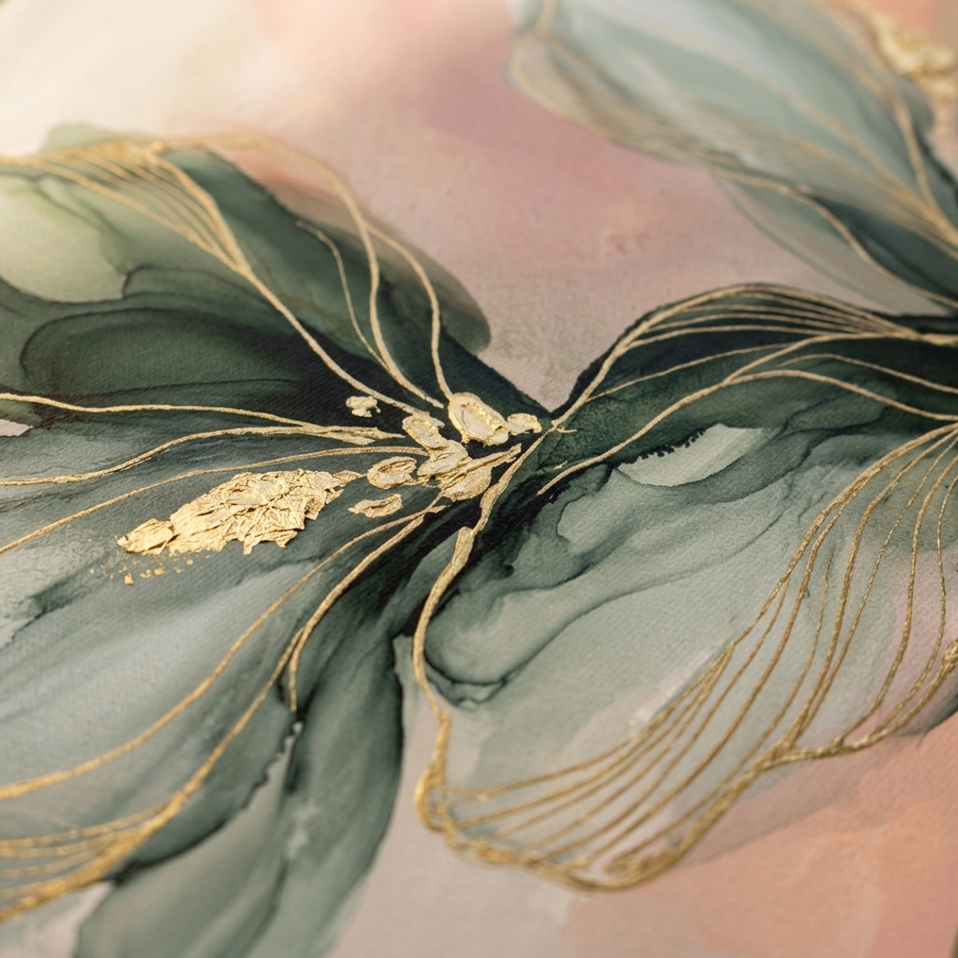 Makro detail ručně malovaných impasto tahů akrylovou barvou na povrchu květin, viditelná 3D textura a reliéfní struktura.