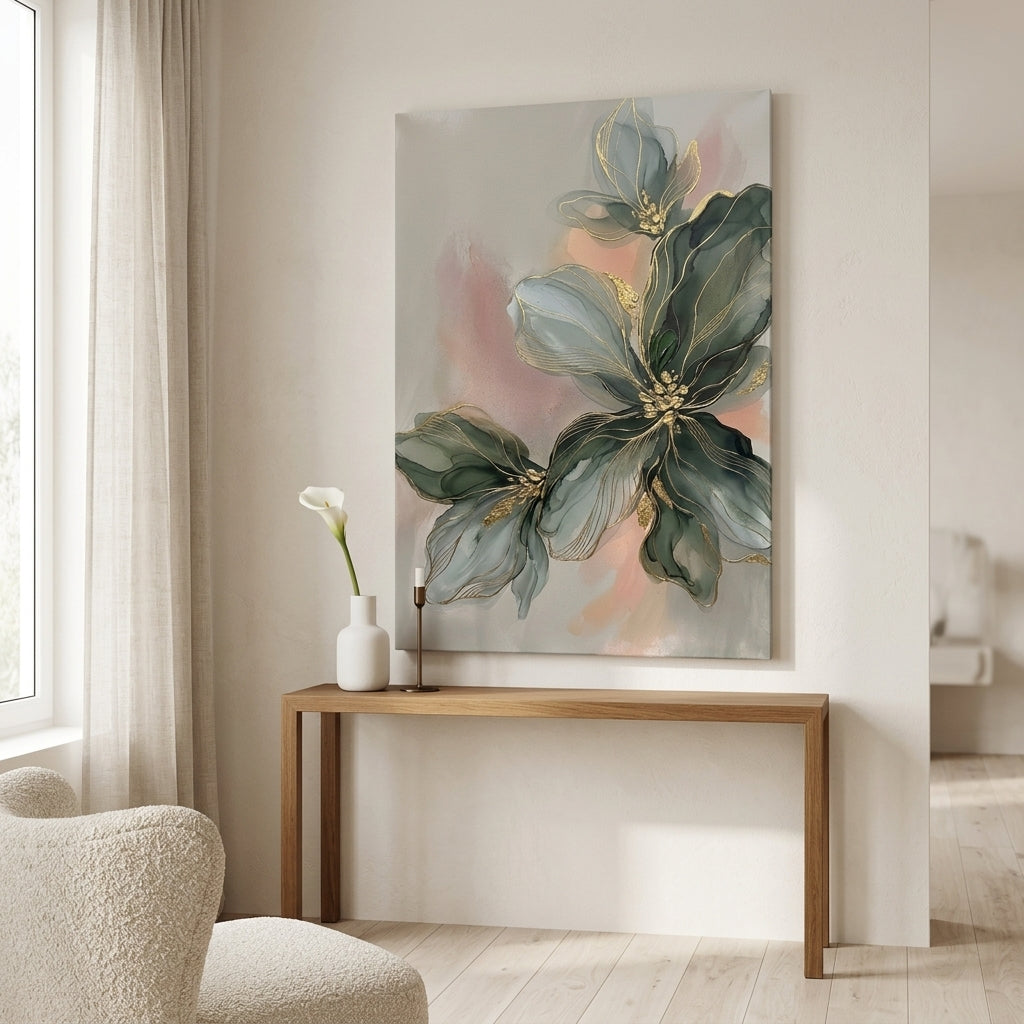 Abstraktní květinový obraz zavěšený v moderním interiéru obývacího pokoje nad dřevěnou konzolou s vázou a svíčkou.