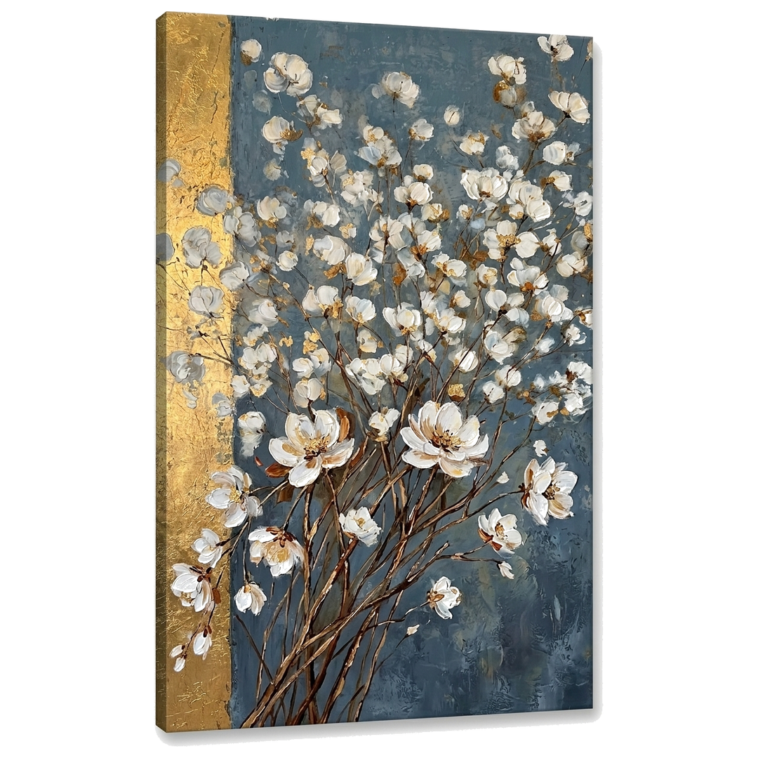 Obraz abstraktní kytice bílých květů na plátně — 3D vizualizace canvasu s viditelným dřevěným rámem, Papilora Premium Art.