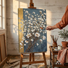 Umělkyně v ateliéru Papilora stojí vedle stojanu s hotovým obrazem abstraktní kytice bílých květů za přirozeného denního světla.