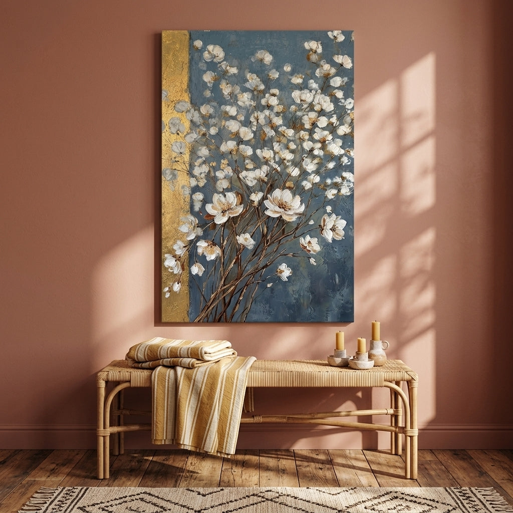 Obraz abstraktní kytice bílých květů zavěšený v moderním stylovém interiéru obývacího pokoje nad dřevěnou konzolou s vázou.