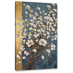 Obraz abstraktní kytice bílých květů na plátně — 3D vizualizace canvasu s viditelným dřevěným rámem, Papilora Premium Art.