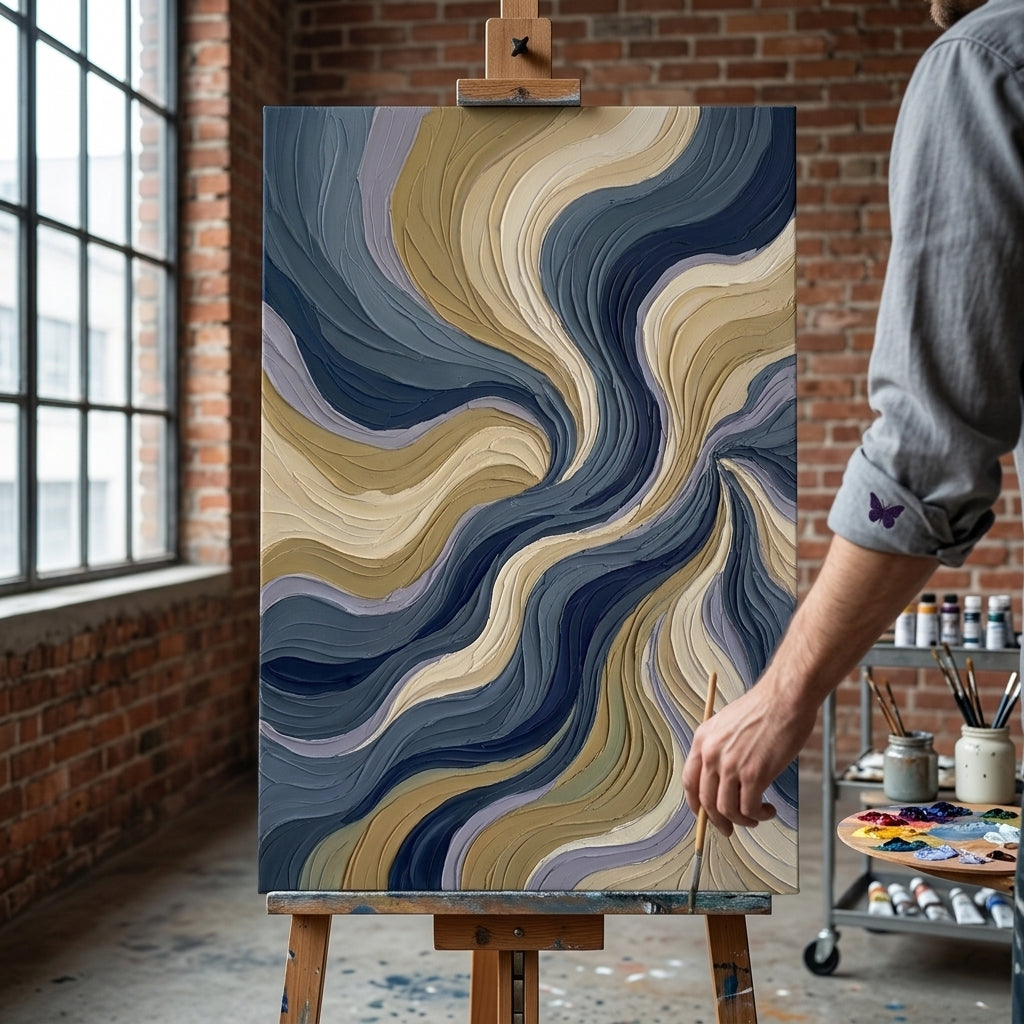 Umělkyně v ateliéru Papilora pracuje na ručním dokončování abstraktního obrazu s vlněním při přirozeném denním světle.