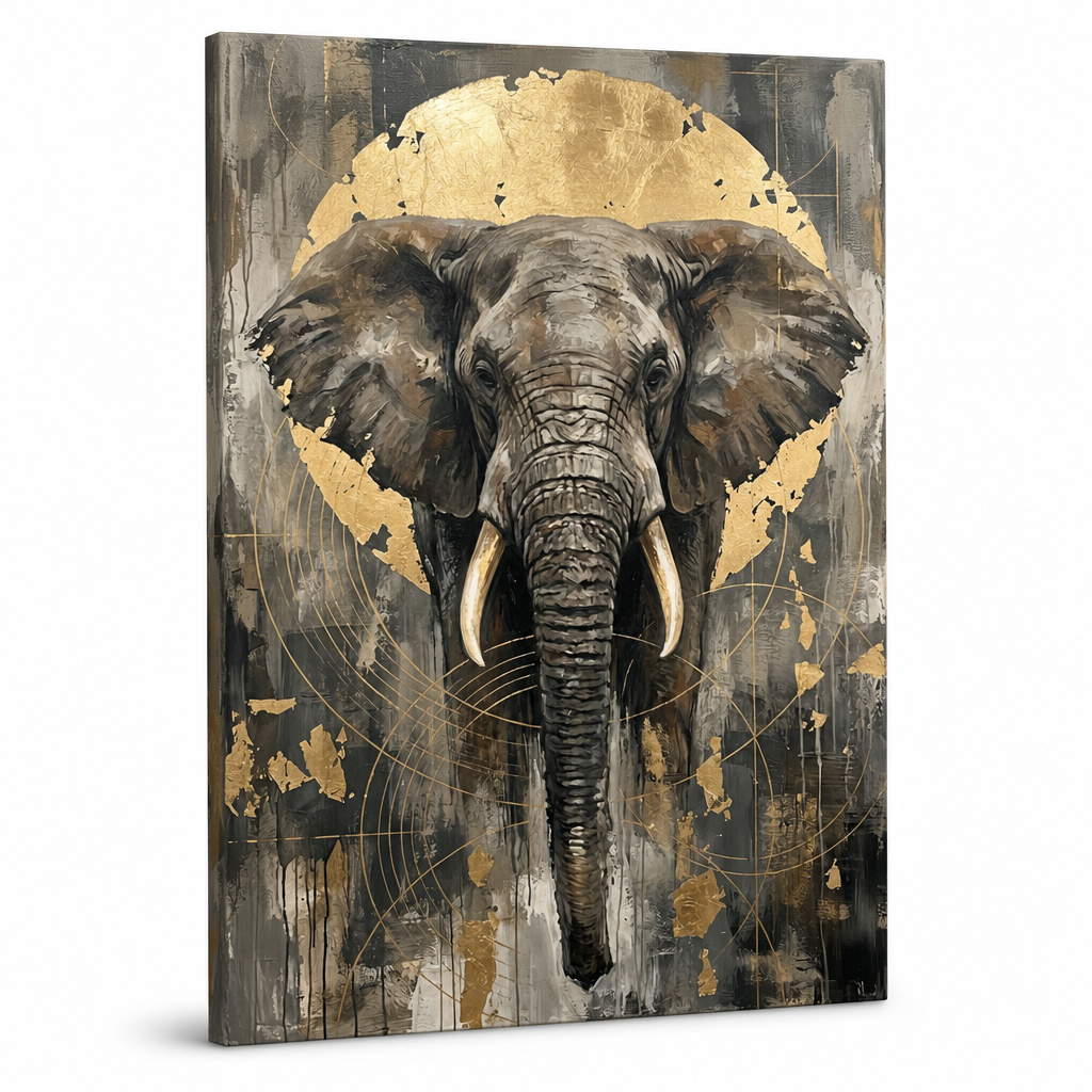Detailní pohled na obraz afrického slona se zlatými akcenty na plátně, 3D vizualizace s viditelnou strukturou dřevěného rámu, Papilora Premium Art.