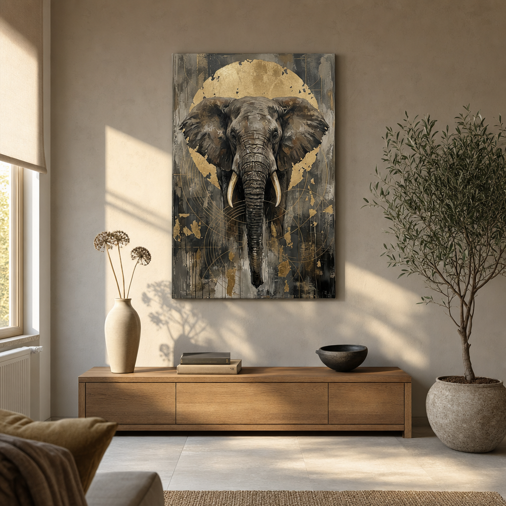 Moderní obraz s motivem afrického slona stylově zavěšený nad dřevěnou komodou v interiéru obývacího pokoje, luxusní bytová dekorace.