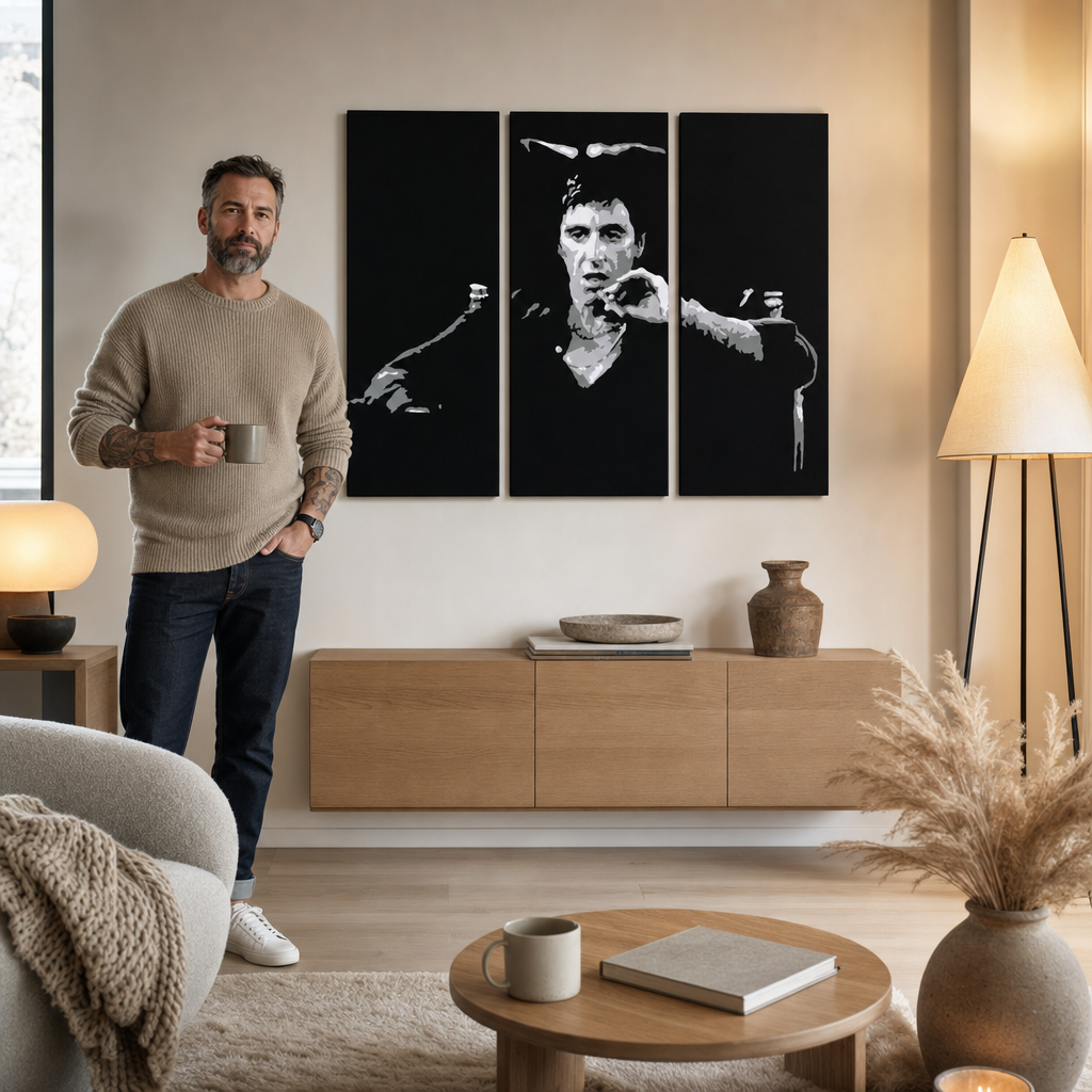 Umělecké dílo s černobílým portrétem Tonyho Montany visí v moderním stylovém interiéru nad dřevěnou konzolí s vázou a svíčkou Papilora.