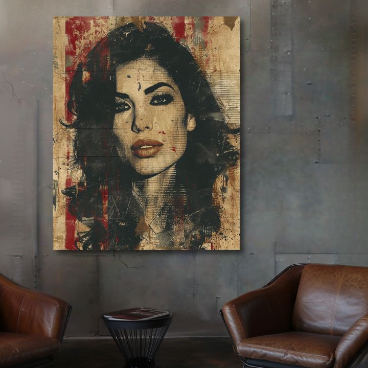 Moderní obraz na plátně s motivem Amy Winehouse - Hlboký pohled duše v béžovo-černých odstínech, drzá atmosféra, krása | Obraz Amy Winehouse - Hlboký pohled duše – produkt