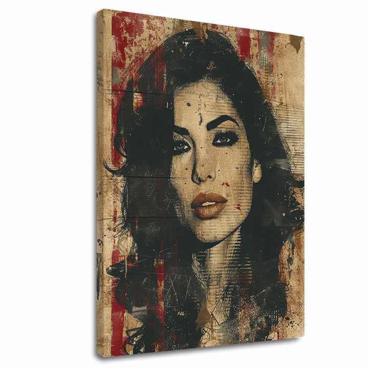 Moderní obraz na plátně s motivem Amy Winehouse - Hlboký pohled duše v béžovo-černých odstínech, drzá atmosféra, krása | Obraz Amy Winehouse - Hlboký pohled duše – hlavní
