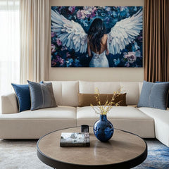 Ručně malovaný obraz na plátně s motivem y andělů Kráska z nebies, květy v bílo-černých odstínech, éterická atmosféra, duchovnost a příroda – produkt, pohled 2