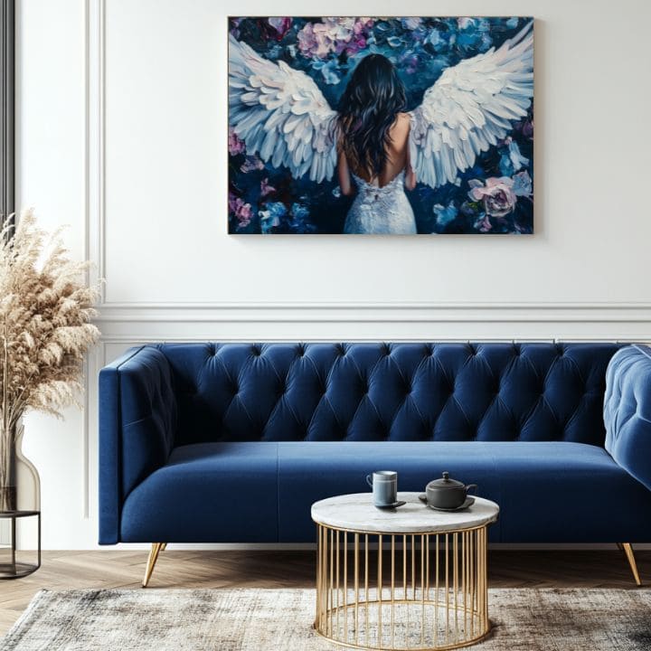 Ručně malovaný obraz na plátně s motivem y andělů Kráska z nebies, květy v bílo-černých odstínech, éterická atmosféra, duchovnost a příroda – produkt, pohled 3