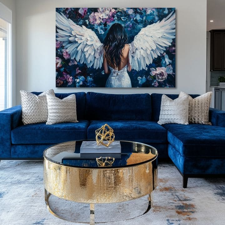 Ručně malovaný obraz na plátně s motivem y andělů Kráska z nebies, květy v bílo-černých odstínech, éterická atmosféra, duchovnost a příroda – produkt