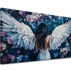 Ručně malovaný obraz na plátně s motivem y andělů Kráska z nebies, květy v bílo-černých odstínech, éterická atmosféra, duchovnost a příroda – hlavní