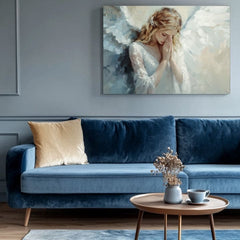 Ručně malovaný obraz na plátně s motivem y andělů Nebeský dotyk, anděl v bílých odstínech, klidná atmosféra, nádej | Obrazy andělů Nebeský dotyk – produkt, pohled 2