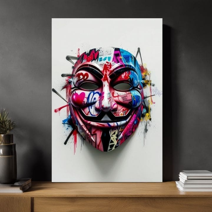 Moderní interiér zdobí obraz masky Anonymous s barevnými graffiti detaily, umístěný nad dřevěnou konzolí s vázou a svíčkou Papilora.