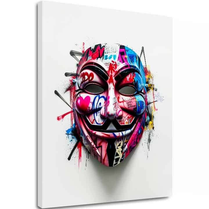 Na plátně je vidět maska Anonymous s graffiti prvky v růžových a modrých barvách, s viditelným dřevěným rámem Papilora.