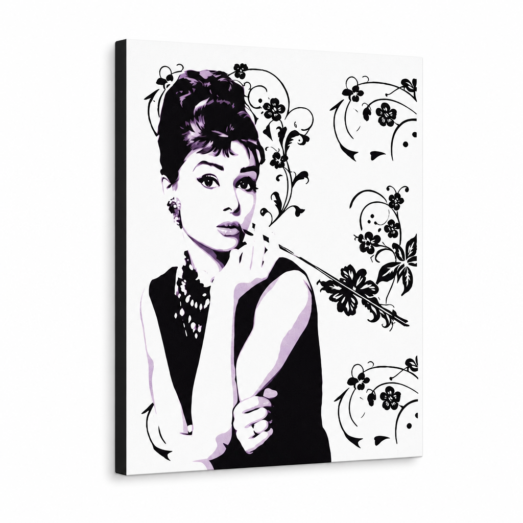 Ručně malovaný obraz Audrey Hepburn ah5 v stylu POP Art – 3D vizualizace ručně malovaného plátna na bílém pozadí. Dominantní barvy: černá, bílá, fialová.