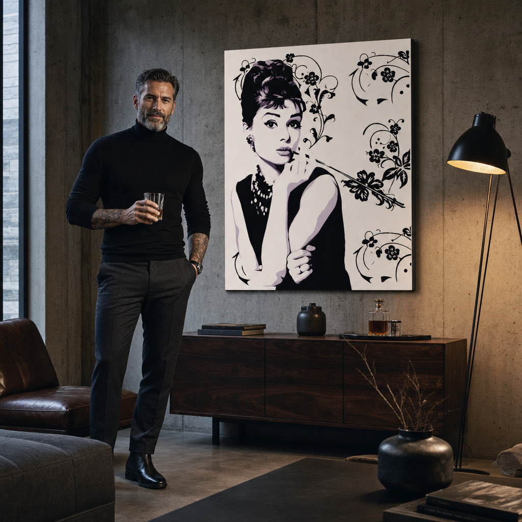 Ručně malovaný obraz Audrey Hepburn ah5 v stylu POP Art – obraz v moderním mužském interiéru, lifestyle vizualizace. Dominantní barvy: černá, bílá, fialová.