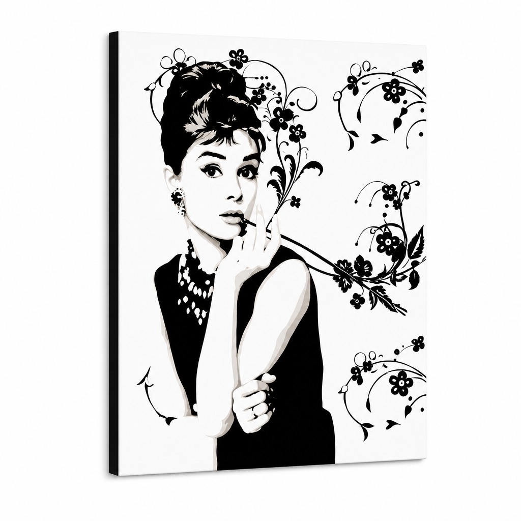 Ručně malované plátno s černobílým portrétem Audrey Hepburn s cigaretou a květinovými ornamenty, viditelný dřevěný rám Papilora.