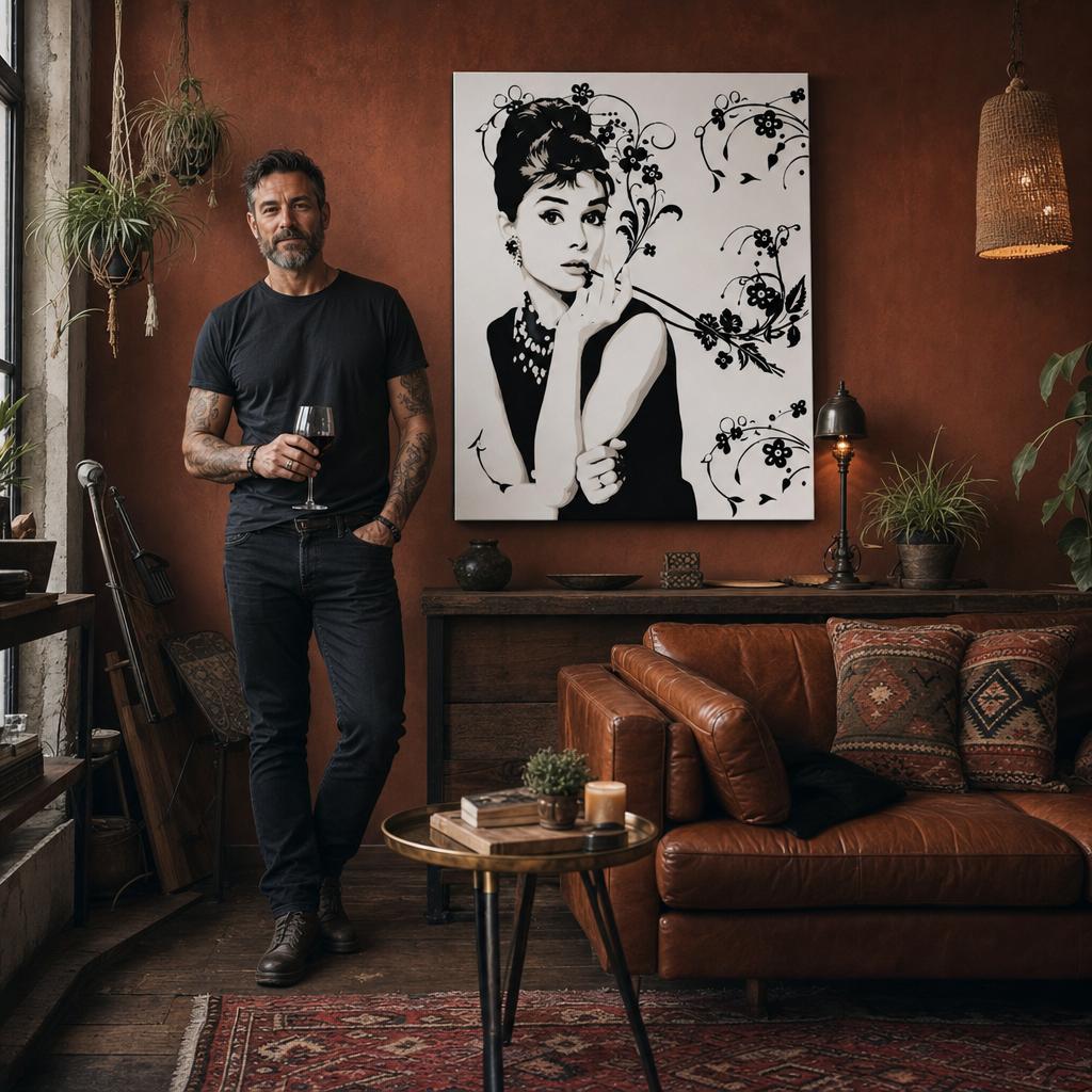 Obraz Audrey Hepburn s cigaretou a květinovými ornamenty v černobílém provedení, zavěšený v moderním interiéru nad dřevěnou konzolí s vázou a svíčkou Papilora.