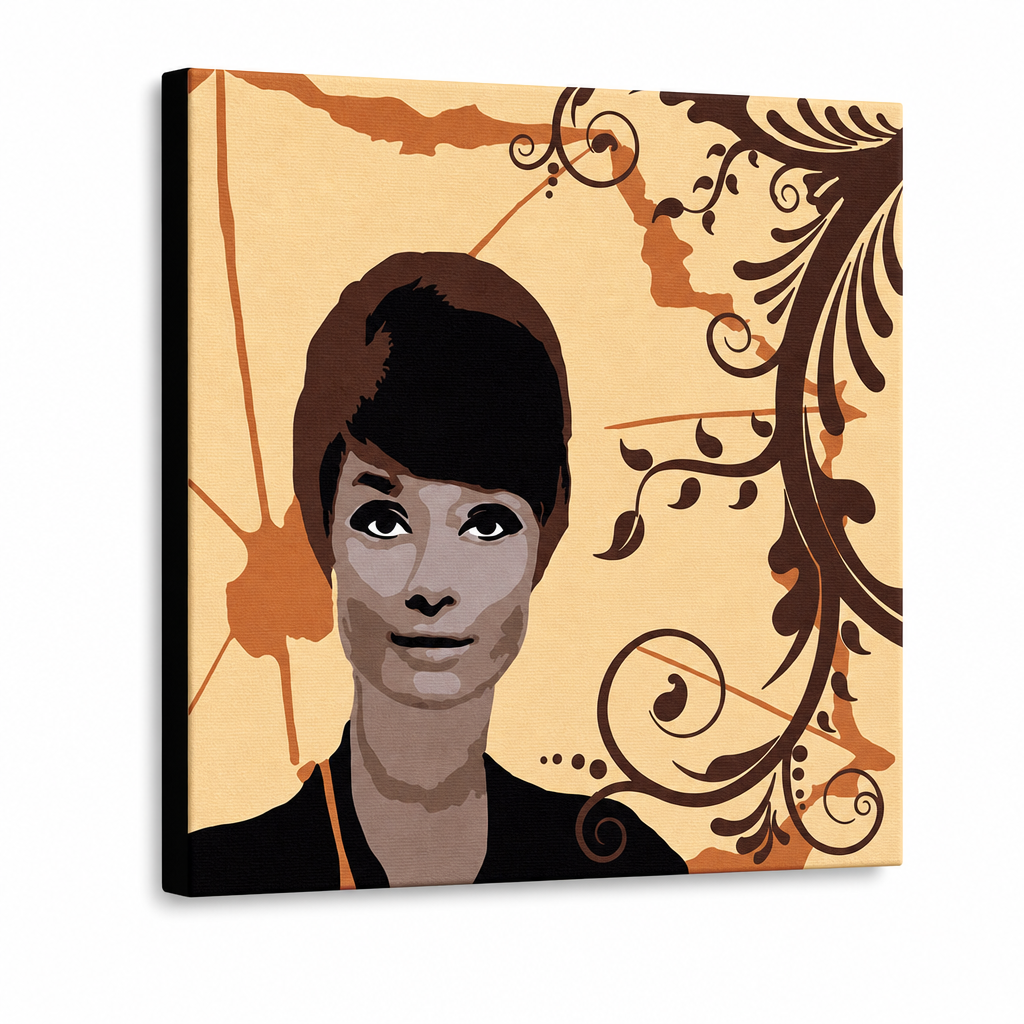 Ručně malovaný obraz Audrey Hepburn ve stylu POP Art, 1 kus, ah7 – 3D vizualizace ručně malovaného plátna na bílém pozadí. Dominantní barvy: hnědá, oranžová, černá.