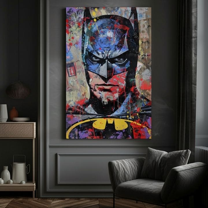 Umělecké dílo s pop-artovým Batmanem visící v moderním interiéru nad dřevěnou konzolí s vázou a svíčkou, Papilora.