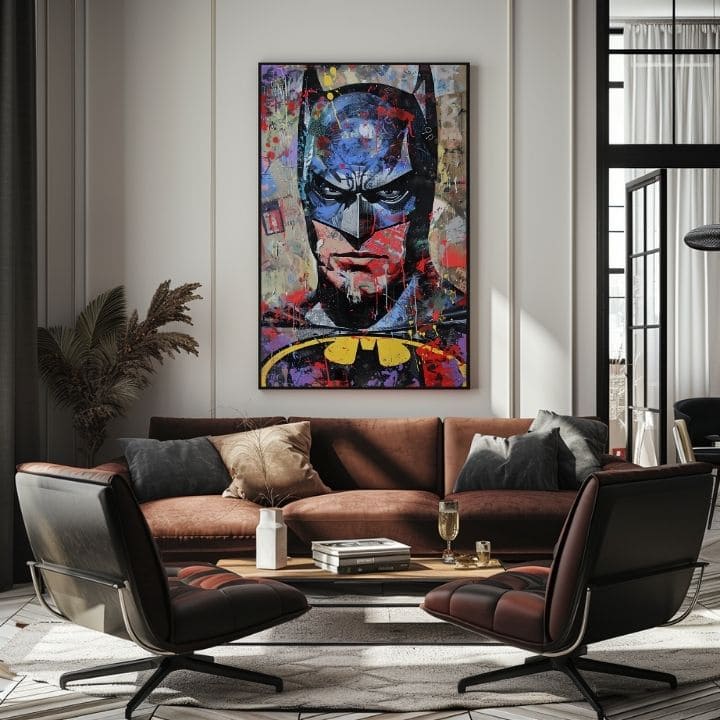 Umělecké dílo s pop-artovým Batmanem visící v moderním interiéru nad dřevěnou konzolí s vázou a svíčkou, Papilora.