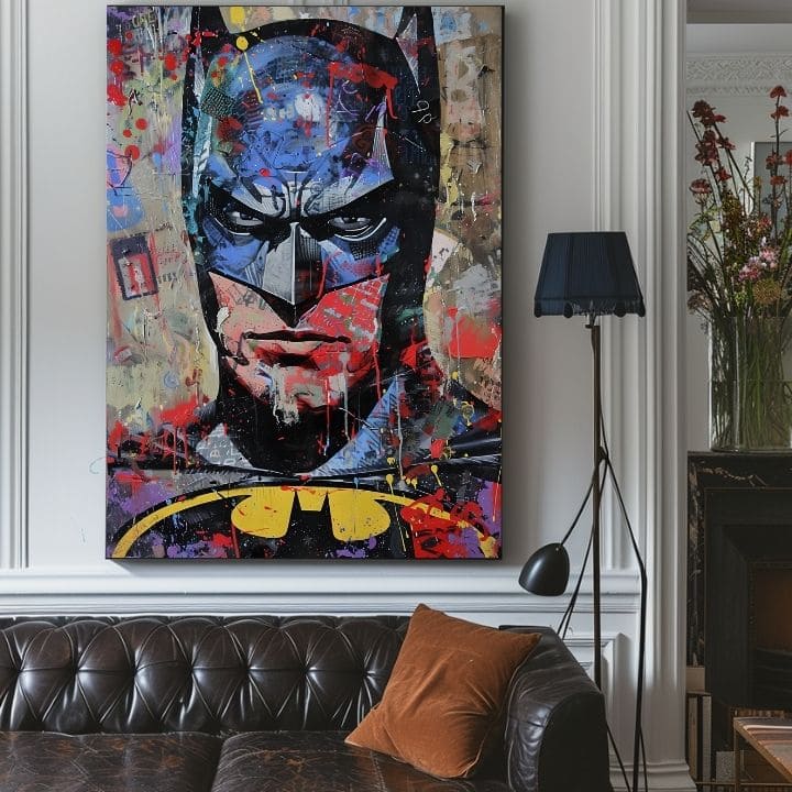 Umělecké dílo s pop-artovým Batmanem visící v moderním interiéru nad dřevěnou konzolí s vázou a svíčkou, Papilora.