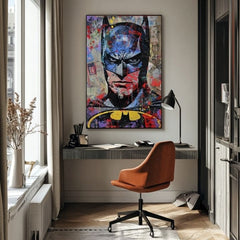 Umělecké dílo s pop-artovým Batmanem visící v moderním interiéru nad dřevěnou konzolí s vázou a svíčkou, Papilora.