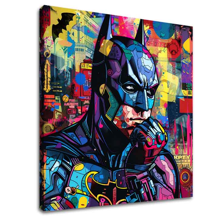 Na plátně je zobrazen Batman v pop-art stylu, s výraznými barvami a dynamickým pozadím města Papilora.