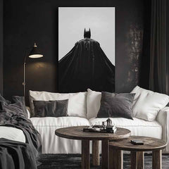 Moderní obraz na plátně s motivem Batman: Strážca noci v černo-bílých odstínech, dramatická atmosféra, samota a síla a moc | Obraz Batman: Strážca noci – produkt