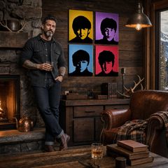 Sada čtyř pop-artových portrétů The Beatles visí v moderním interiéru nad dřevěnou konzolí s vázou a svíčkou, Papilora.
