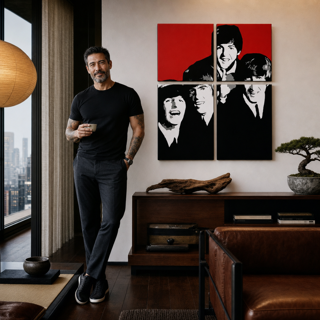 Umělecké dílo s portréty The Beatles visí v moderním interiéru nad dřevěnou konzolí s vázou a svíčkou, Papilora.