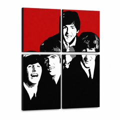 Čtyřdílné plátno s černobílými portréty členů kapely The Beatles na červeném a černém pozadí, s viditelným dřevěným rámem, Papilora.