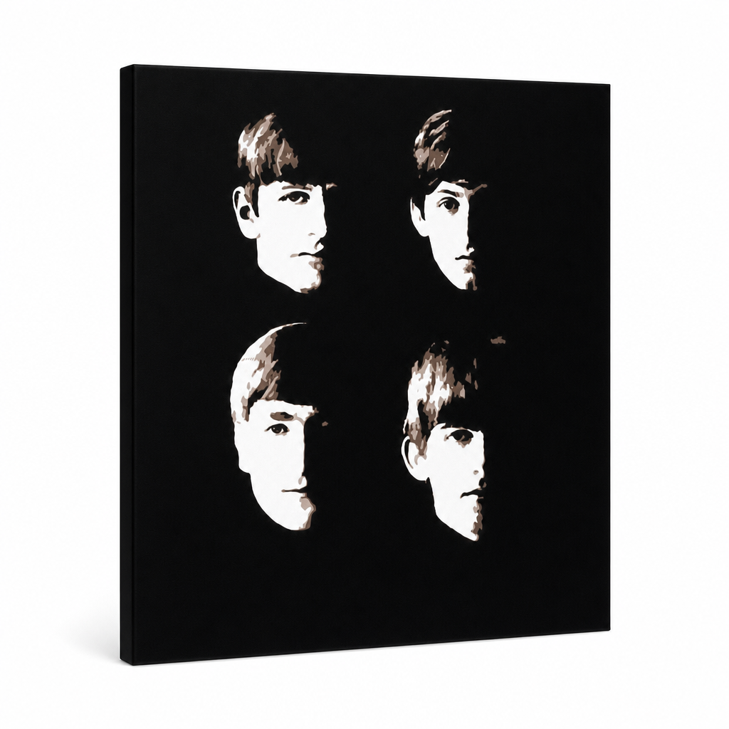 Ručně malované plátno zobrazuje čtyři portréty členů The Beatles v černé a bílé barvě, s viditelným dřevěným rámem Papilora.