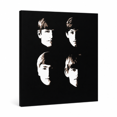Ručně malované plátno zobrazuje čtyři portréty členů The Beatles v černé a bílé barvě, s viditelným dřevěným rámem Papilora.