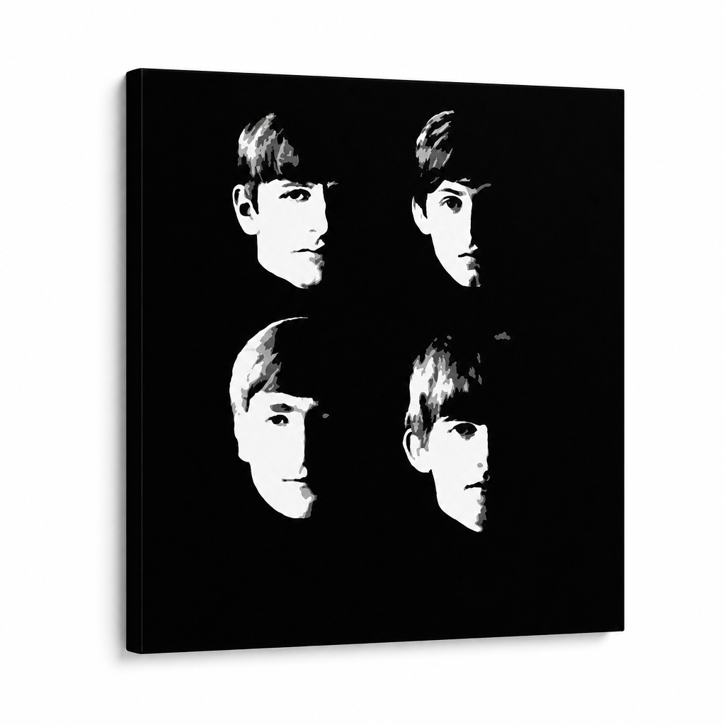 Černobílé portréty čtyř členů The Beatles na ručně malovaném plátně s viditelným dřevěným rámem Papilora.