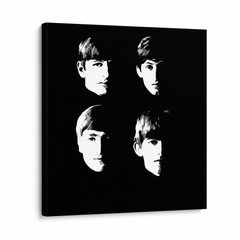 Černobílé portréty čtyř členů The Beatles na ručně malovaném plátně s viditelným dřevěným rámem Papilora.