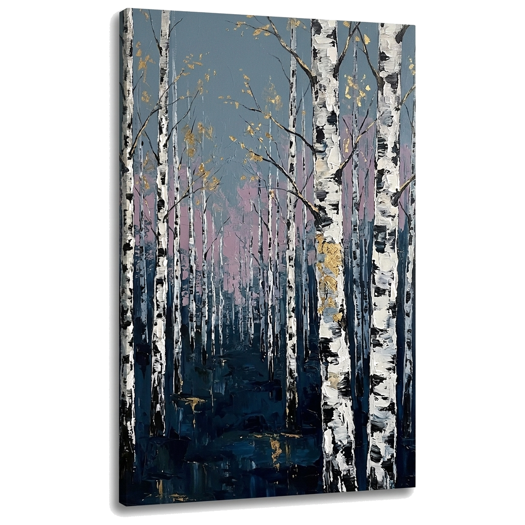 Obraz březový les na plátně – 3D vizualizace canvasu s viditelným dřevěným rámem, Papilora Premium Art.