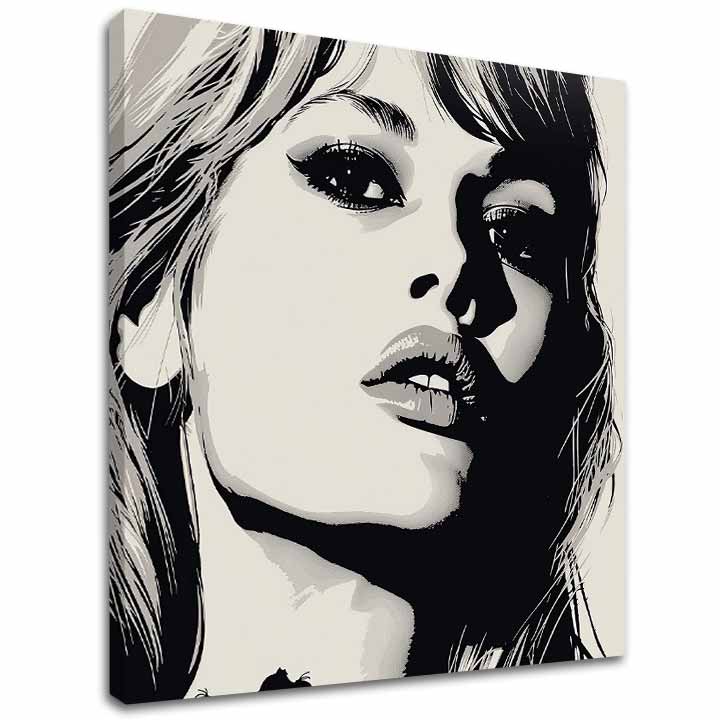Moderní obraz na plátně s motivem Brigitte Bardot - Elegance 60. rokov, vlasy v bílo-černých odstínech, dramatická atmosféra | Obraz Brigitte Bardot - Elegance 60. rokov – hlavní