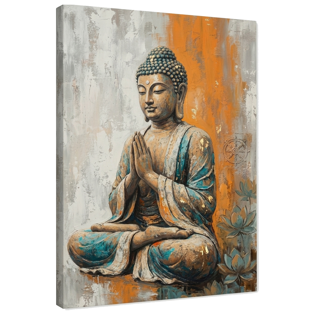 Obraz sedícího Buddhy v meditační póze se sepjatýma rukama na plátně – 3D vizualizace canvasu s viditelným dřevěným rámem, Papilora Premium Art.