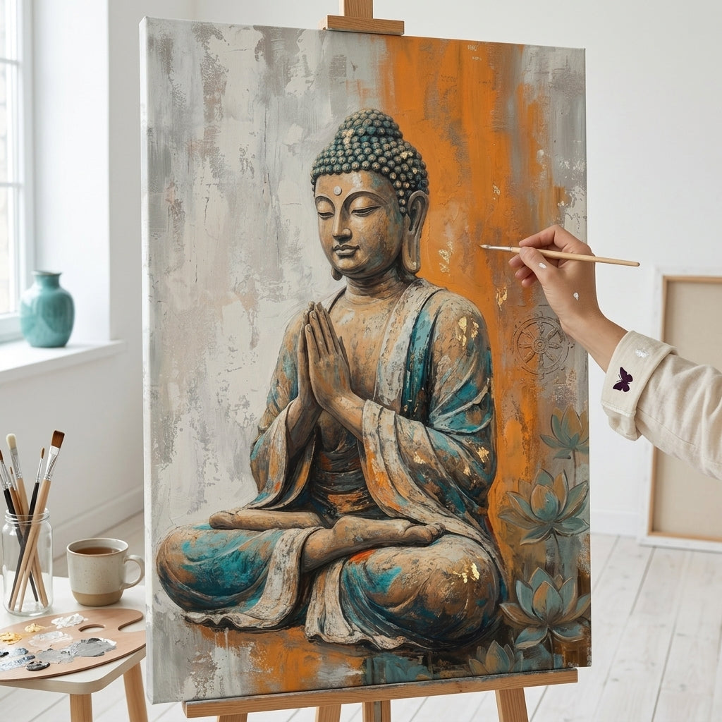 Umělkyně v ateliéru Papilora stojí vedle stojanu s hotovým obrazem sedícího Buddhy v meditační póze, přirozené světlo a ruční tvorba detailů.