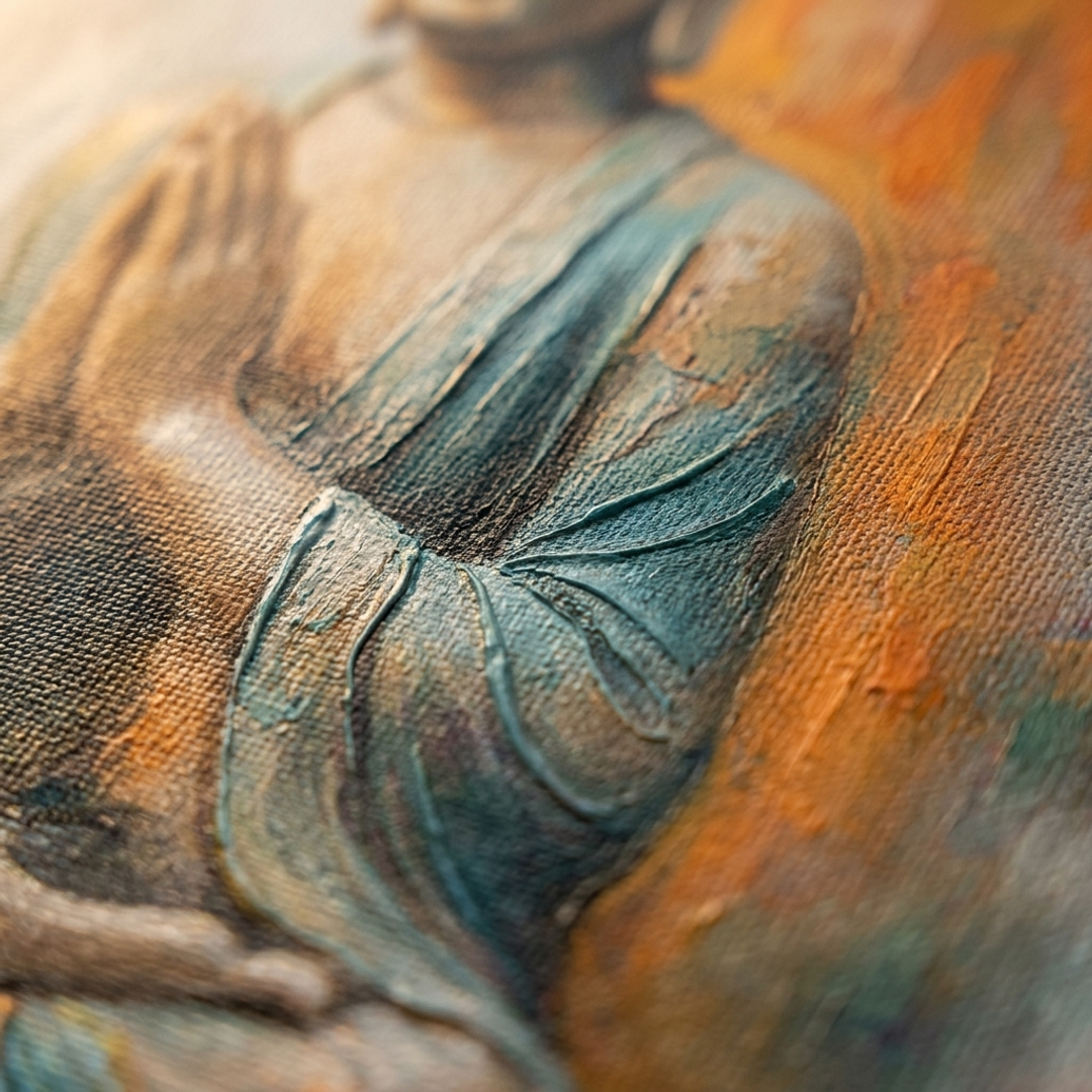 Detailní makro záběr ručně malovaných impasto tahů akrylovou barvou na plátně, viditelná 3D textura a reliéfní struktura uměleckého díla.