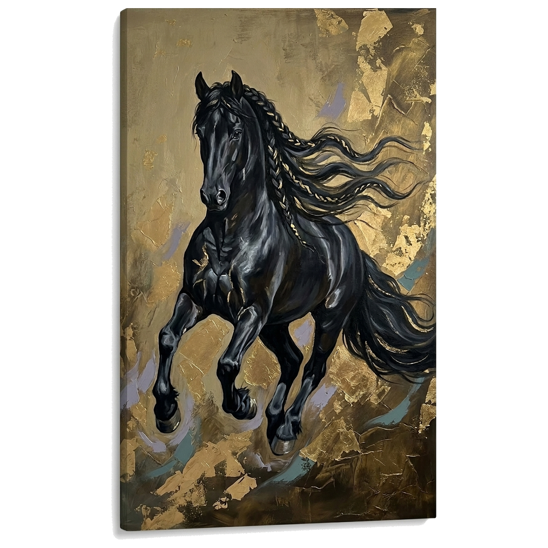 Obraz černého koně v cvalu na plátně — 3D vizualizace canvasu s viditelným dřevěným rámem, Papilora Premium Art.
