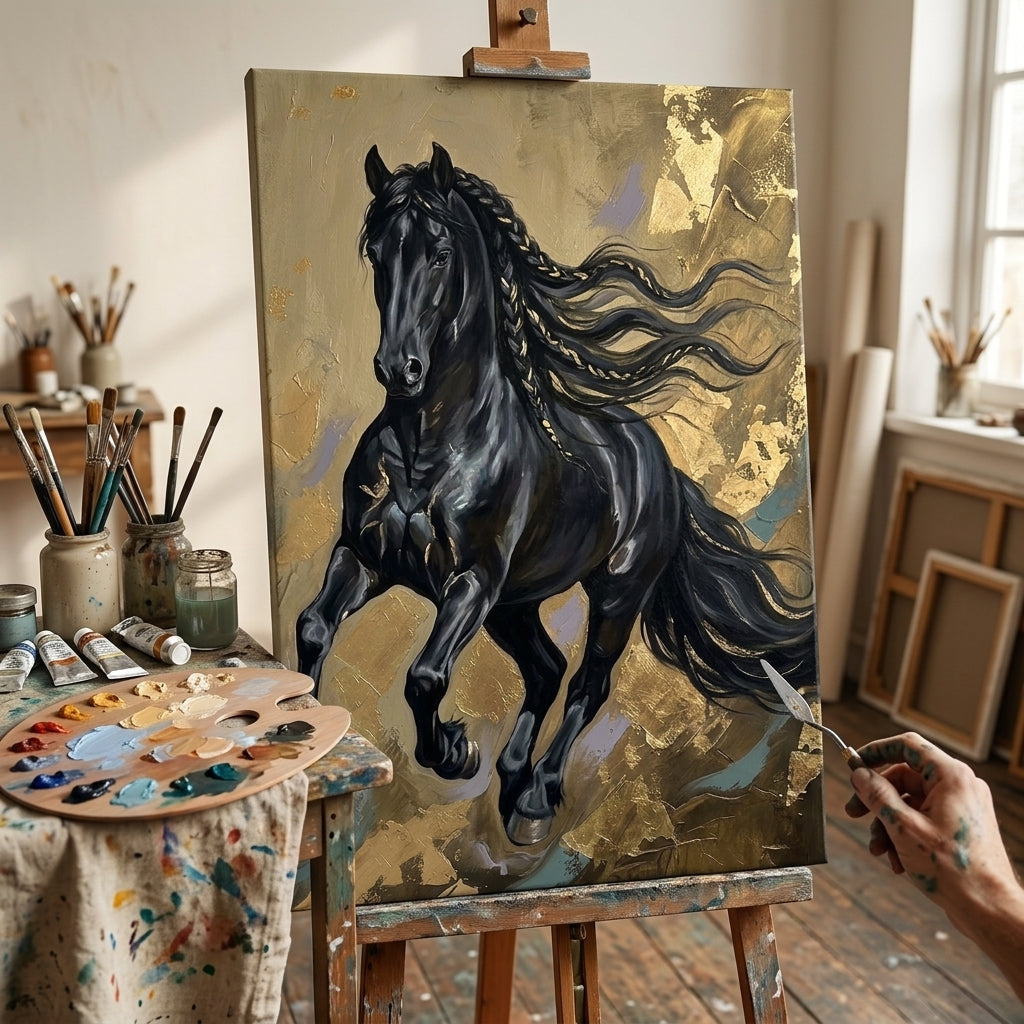 Umělkyně v ateliéru Papilora stojí vedle dřevěného stojanu s hotovým obrazem černého koně, přirozené denní světlo.