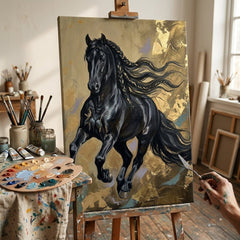 Umělkyně v ateliéru Papilora stojí vedle dřevěného stojanu s hotovým obrazem černého koně, přirozené denní světlo.
